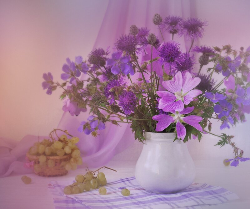 Purple Flowers in Vase — Serene, Photograph, Grapes