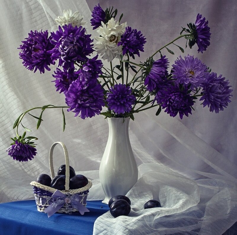 Purple Flowers in Vase — Serene, Photograph, Plums