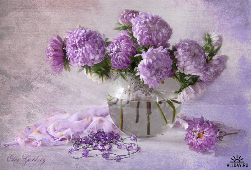 Purple Flowers in Vase — Serene, Photograph, Scarf