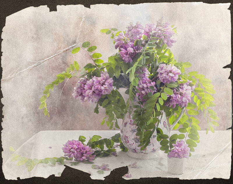 Purple Flowers in Vase — Serene, Photograph, Table, Leaves