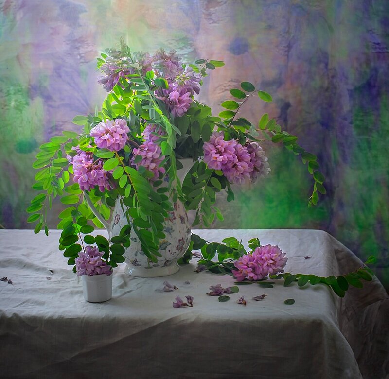 Purple Flowers in Vase — Serene, Photograph, Tablecloth, Leaves