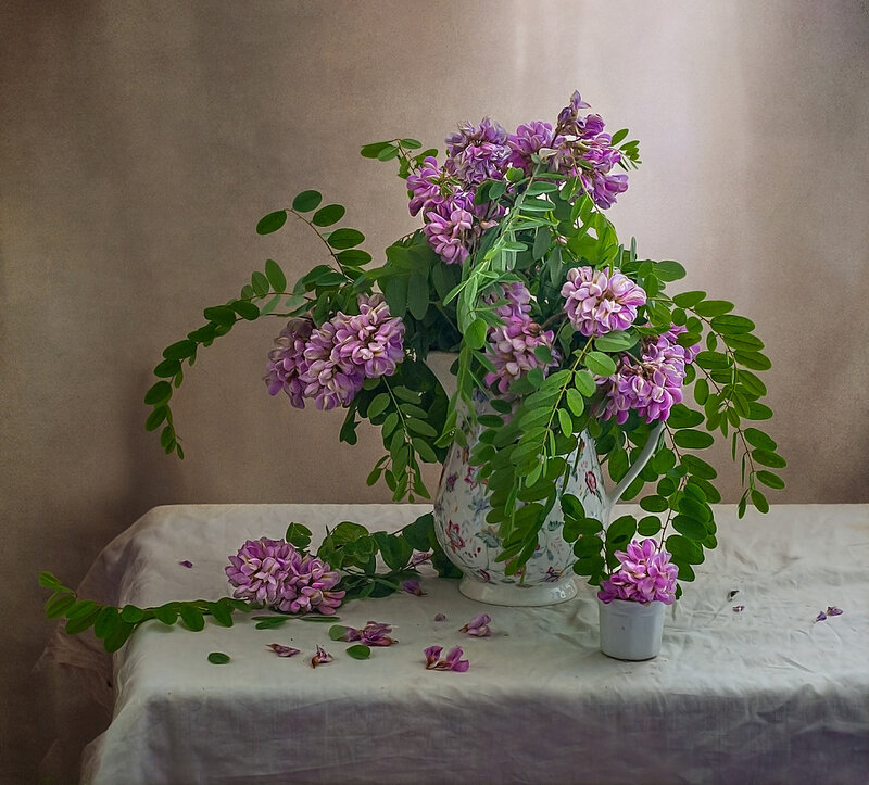 Purple Flowers in Vase — Serene, Photograph, Tablecloth