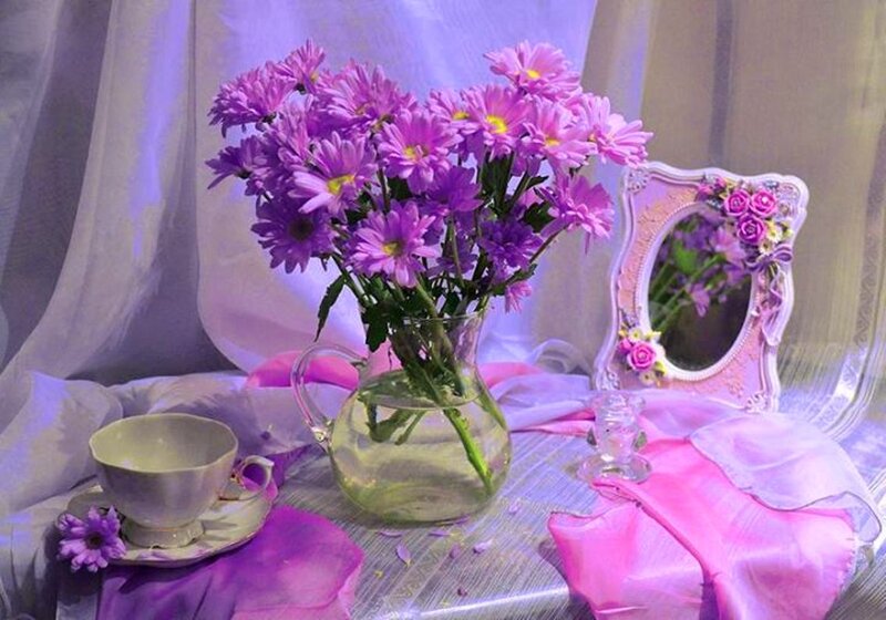 Purple Flowers in Vase — Serene, Photograph, Teacup
