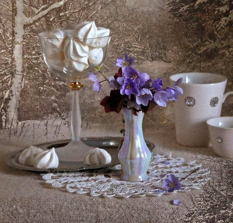 Purple Flowers in Vase — Serene, Winter
