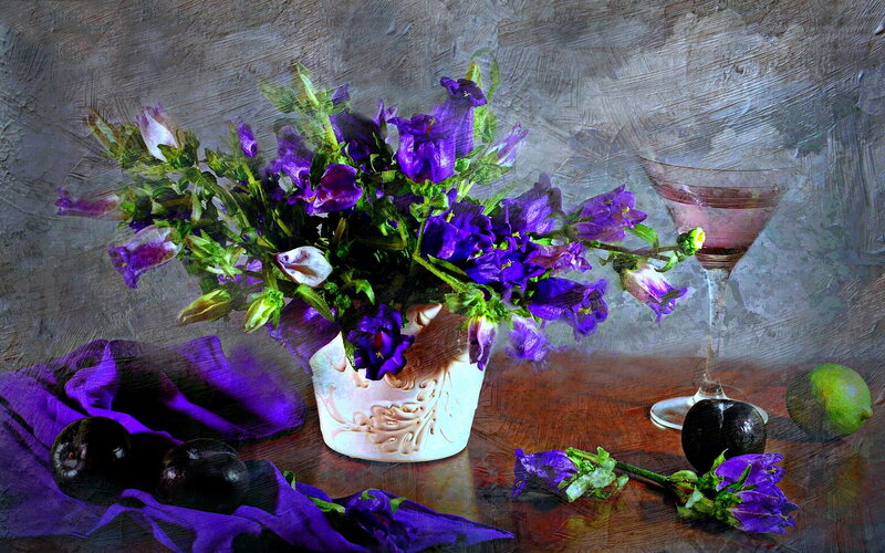 Purple Flowers in Vase — Still Life, Painting