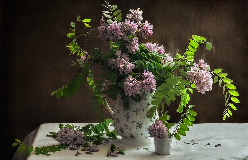 Purple Flowers in Vase — White, Dramatic