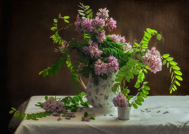 Purple Flowers in Vase — White, Serene
