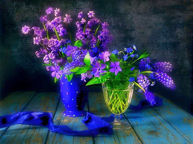 Purple Flowers in Vases — Blue, Dramatic, Digital Art