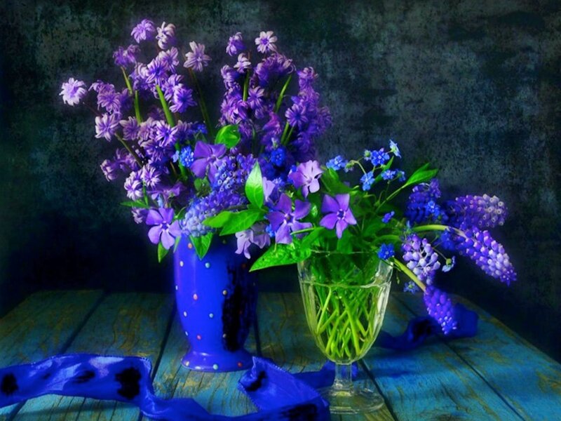 Purple Flowers in Vases — Blue, Dramatic