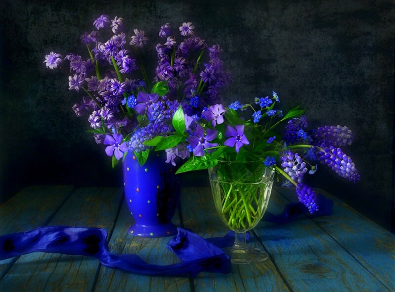 Purple Flowers in Vases — Blue