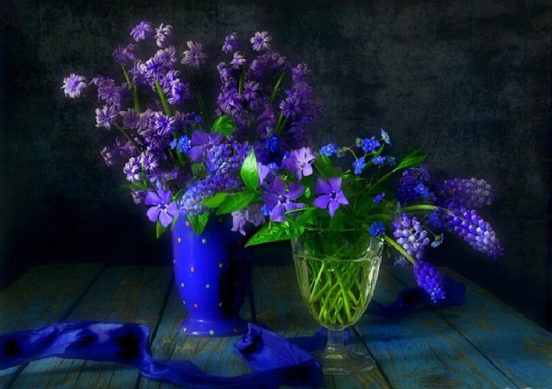 Purple Flowers in Vases — Dramatic, Photograph