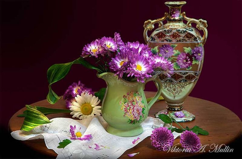 Purple Flowers in Vases — Still Life
