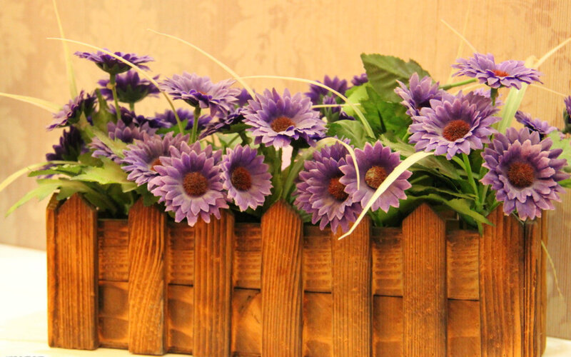 Purple Flowers in Wooden Planter