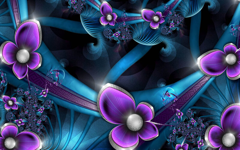 Purple Flowers on Blue Swirls