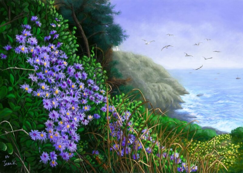 Purple Flowers on Cliff — Serene, Afternoon, Painting