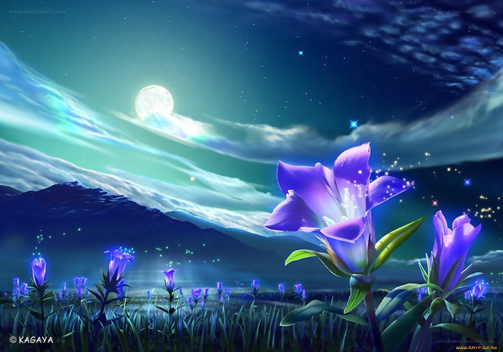 Purple flowers under moonlight