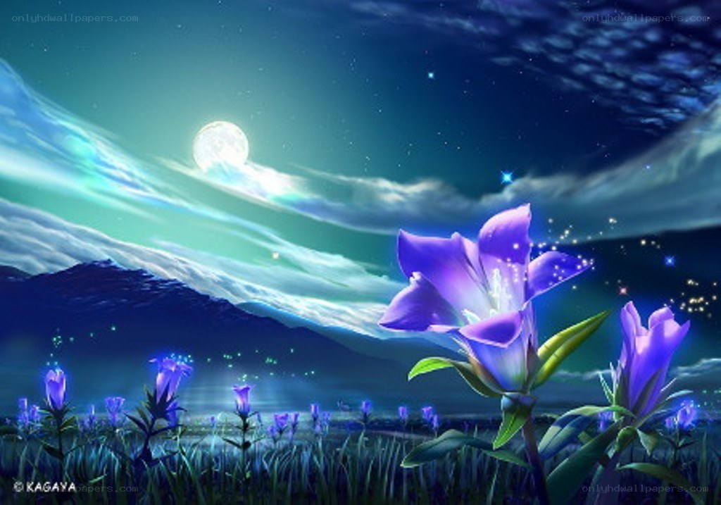 Purple flowers under moonlight