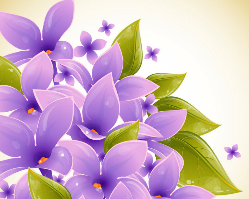 Purple Flowers with Green Leaves — Calm, Vector Art