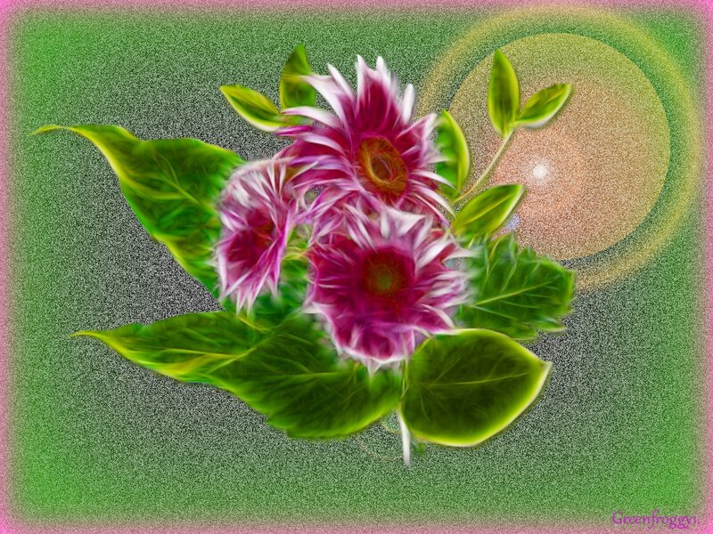 Purple Flowers with Green Leaves — Vibrant, Digital Art, Sunburst