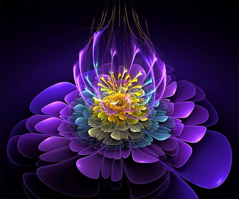 Purple Fractal Flower — Dramatic, Digital Art, Yellow Center