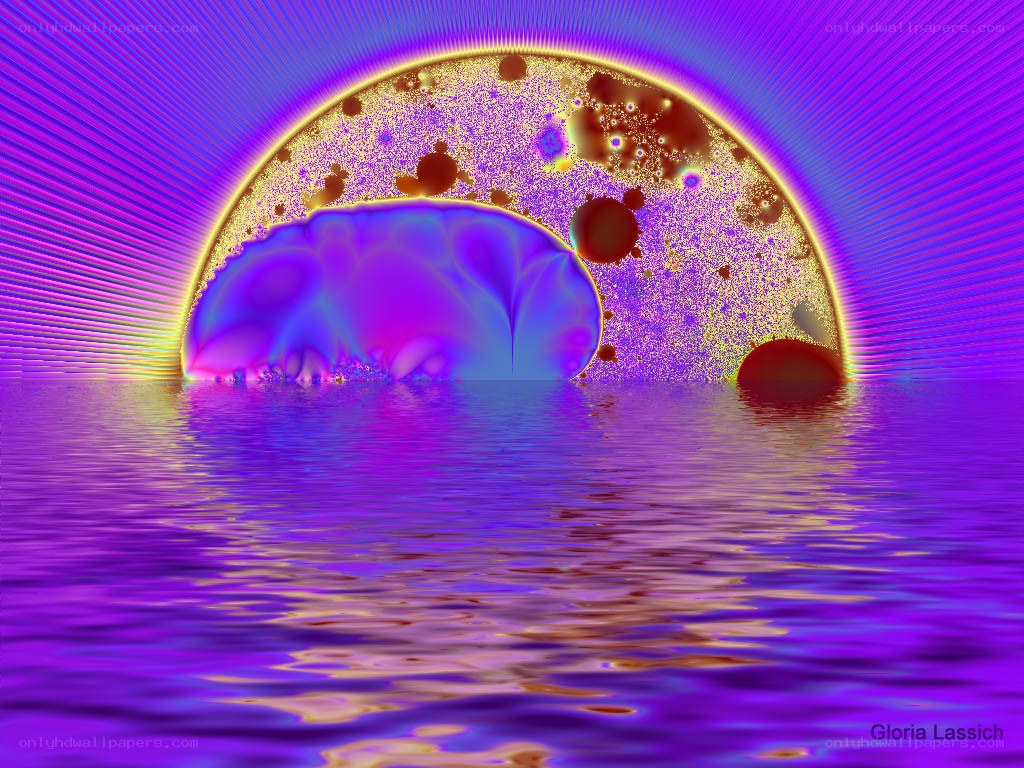 Purple fractal sunset over water