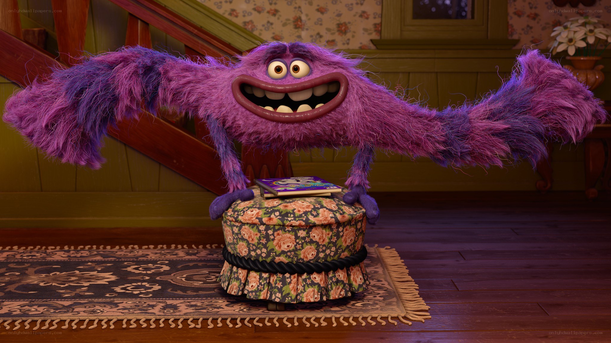 purple furry monster on stool