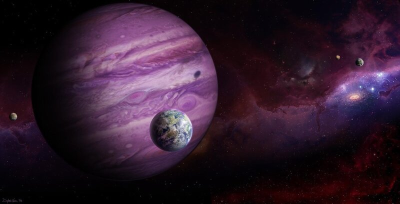 Purple gas giant with moons