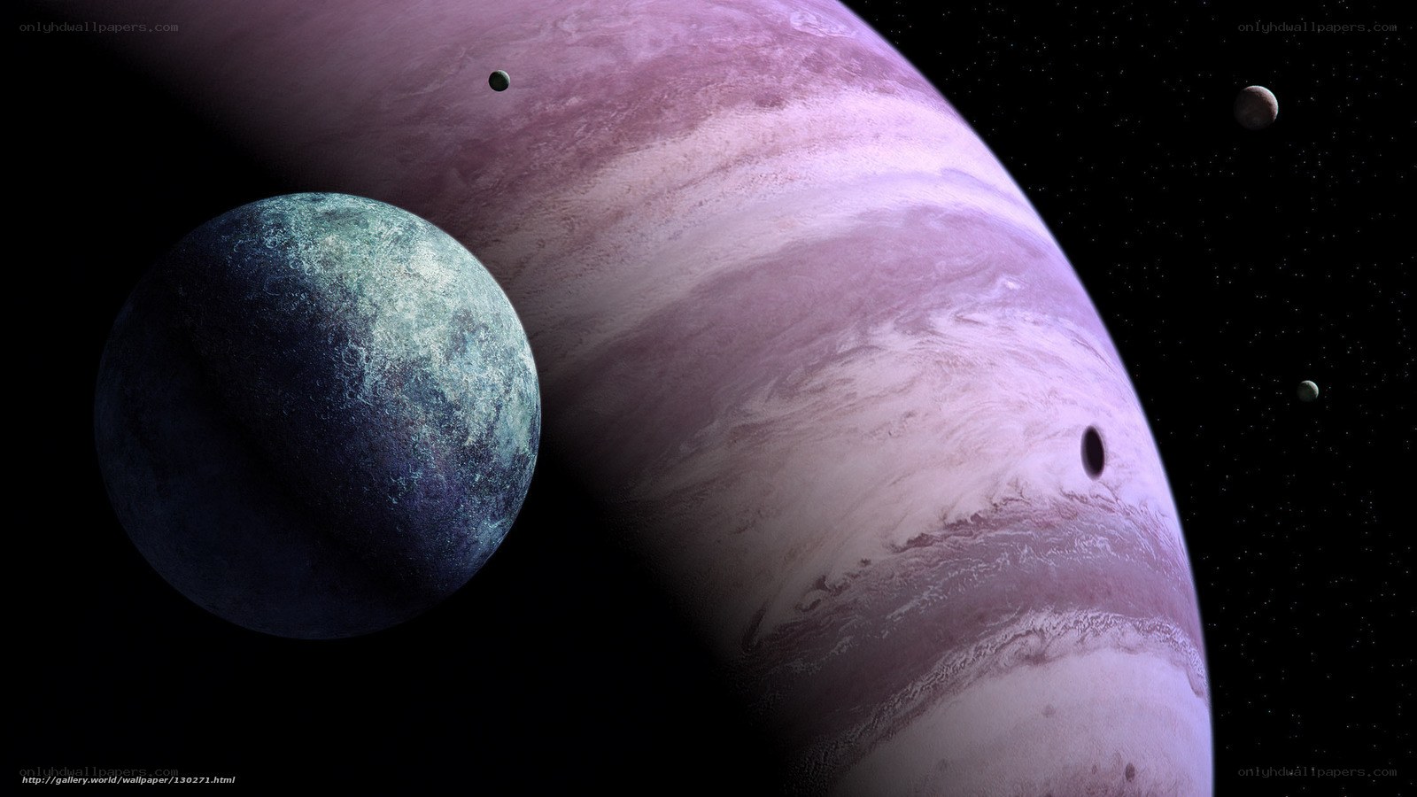 Purple gas giant with moons