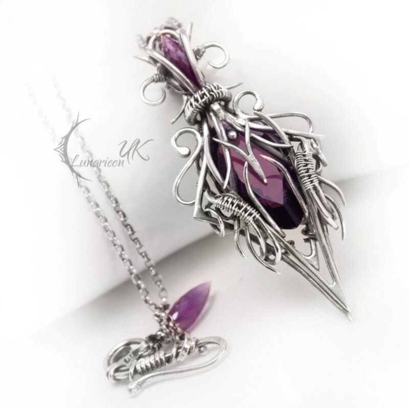 Purple Gemstone Pendant — Elegant, Photograph, Chain, Silver Wire