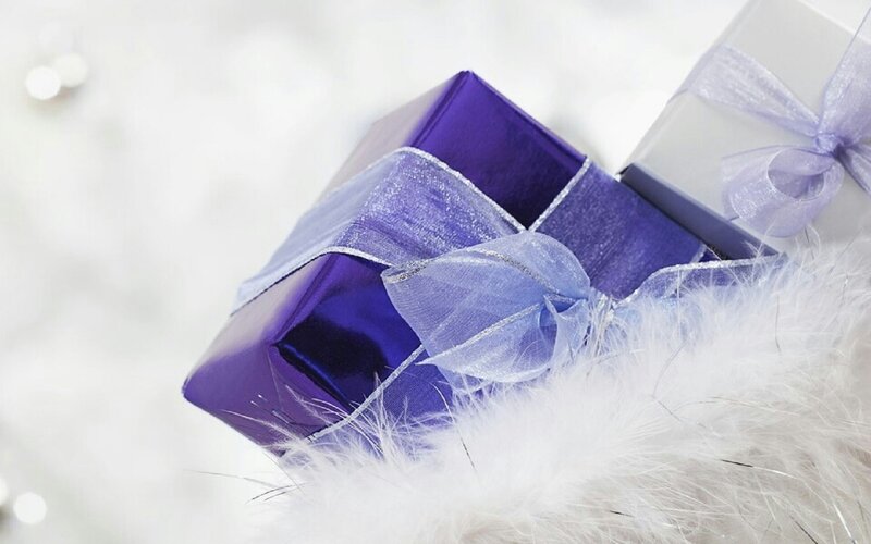 Purple Gift Box — Festive, Photograph, White Feathers