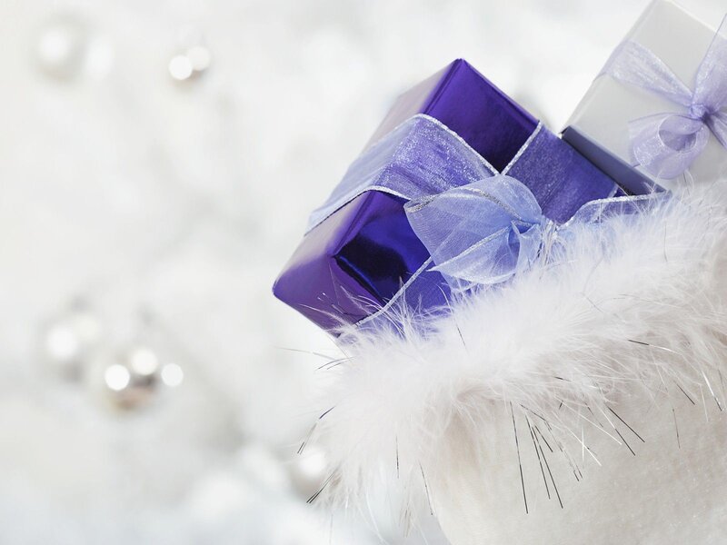 Purple Gift Box — Festive, Winter, Photograph, White Feathers