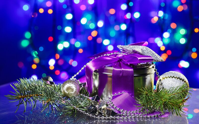 Purple Gift Box with Ornaments — Festive, Night