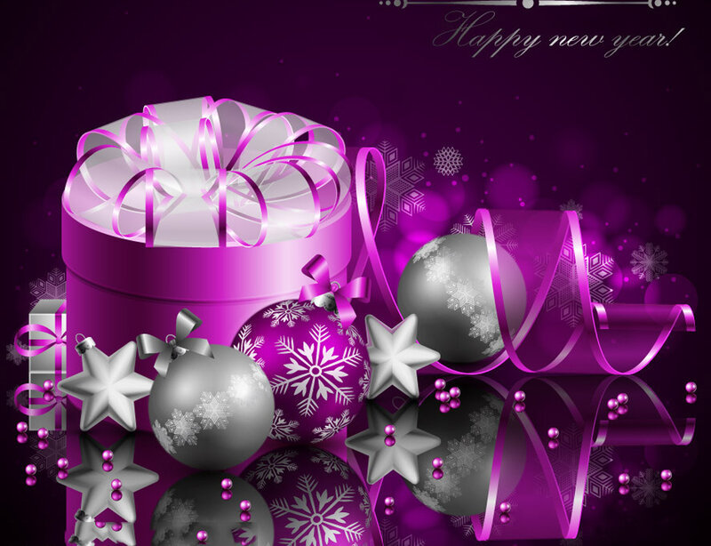 Purple Gift Box with Ornaments — Festive, Winter, Digital Art
