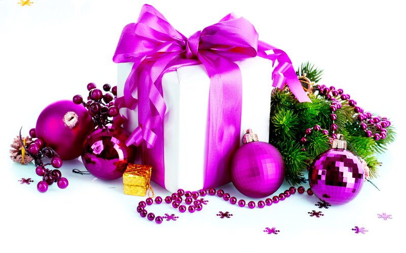 Purple Gift Box with Ornaments — White