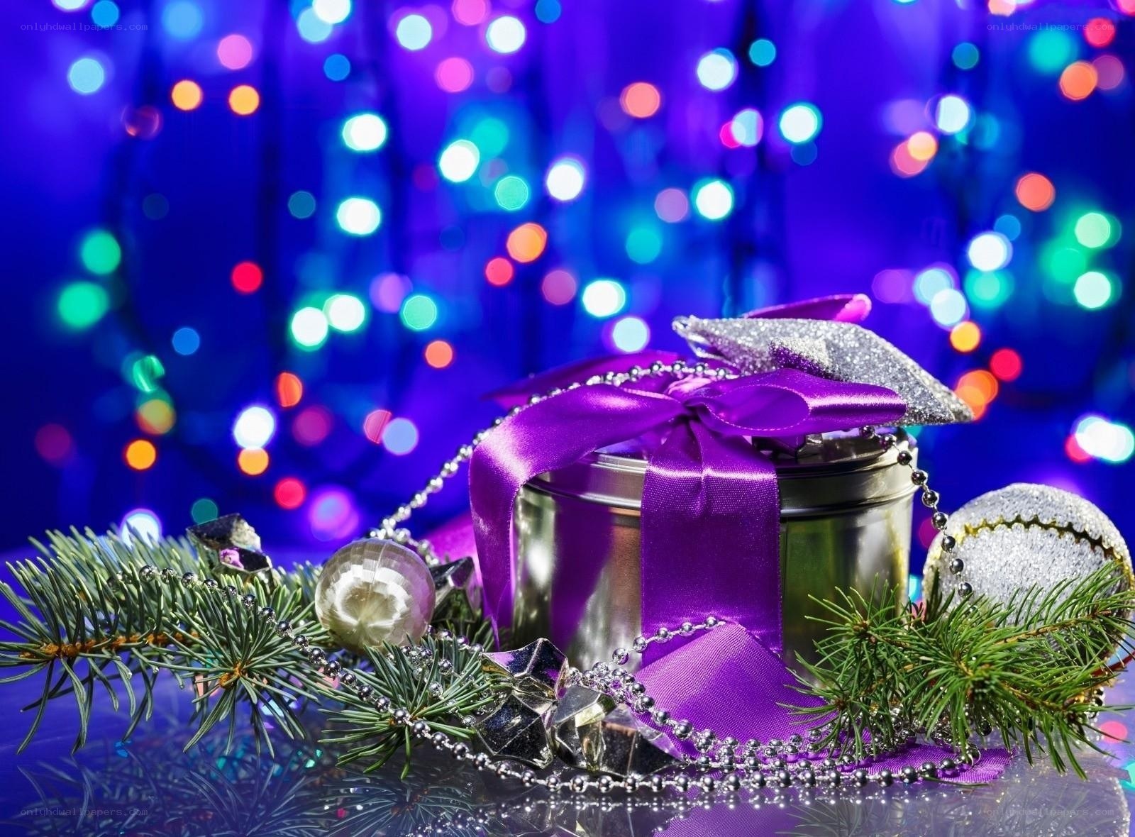 Purple gift with holiday lights