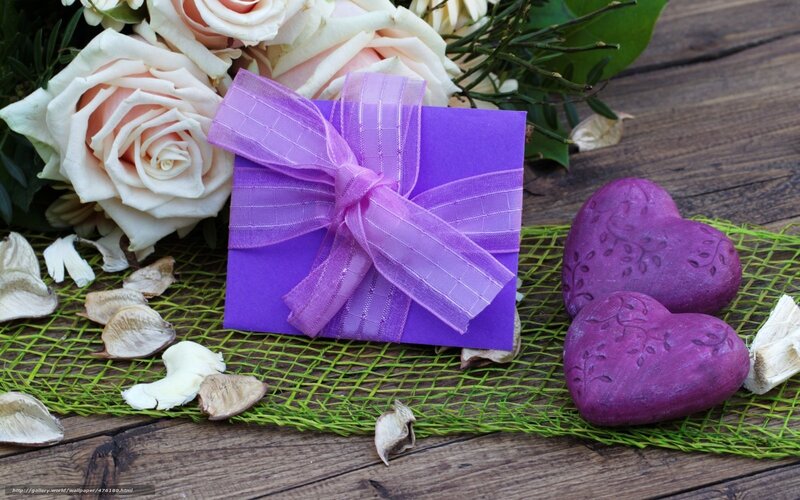 Purple gift with roses and hearts