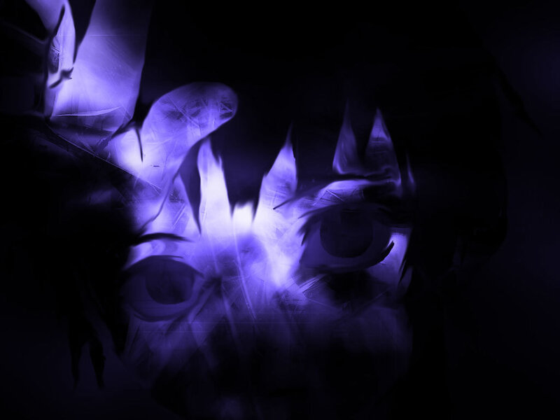 purple glowing eyes in darkness