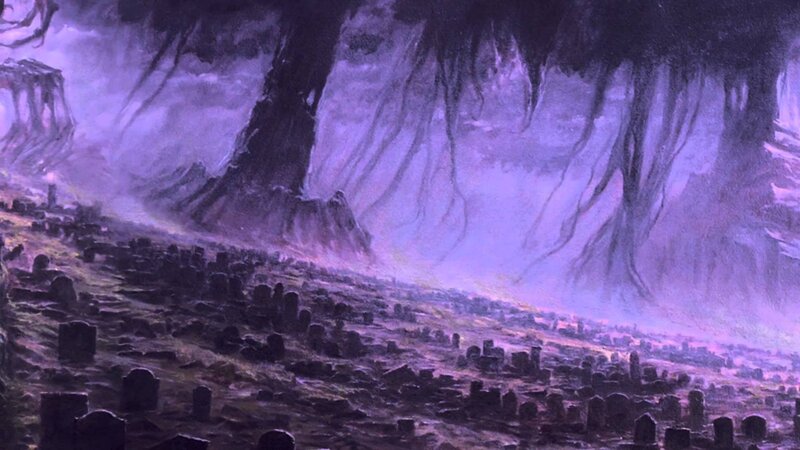purple graveyard under twisted trees