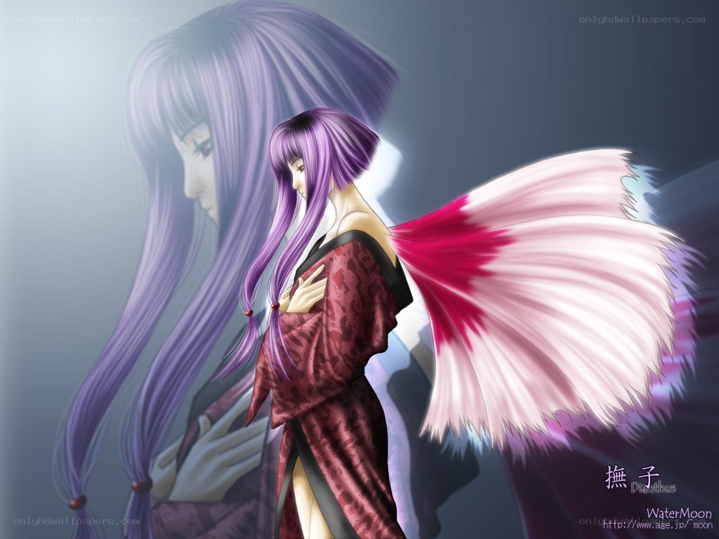 purple-haired angel in red kimono