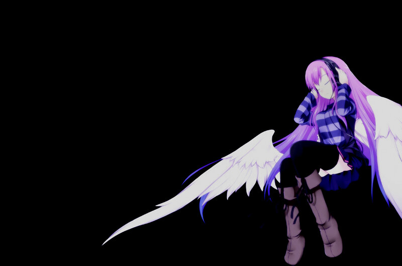 purple-haired angel with headphones