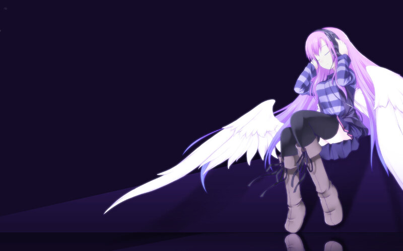 purple-haired angel with headphones