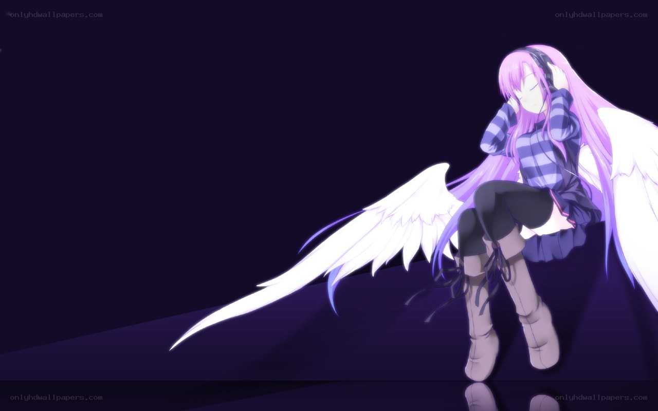 purple-haired angel with headphones