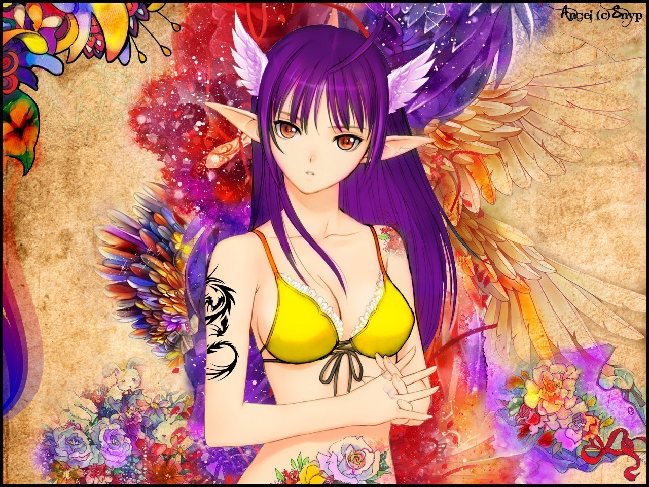 purple-haired angel with wings