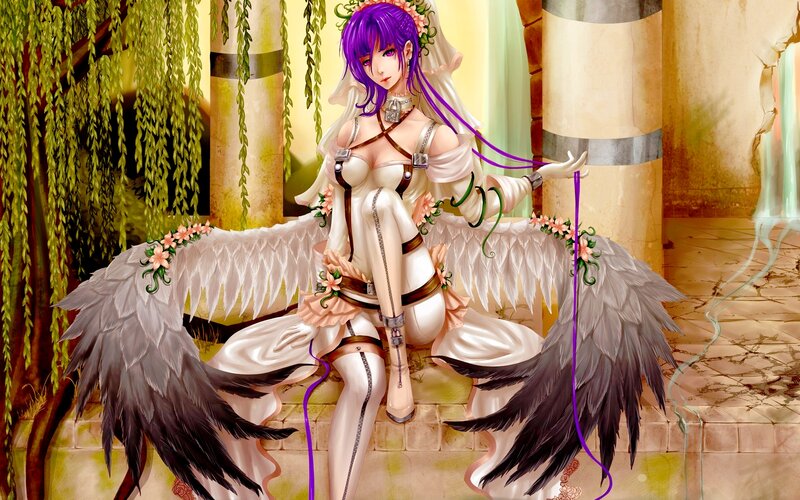 Purple-haired Angel Woman — White, Serene
