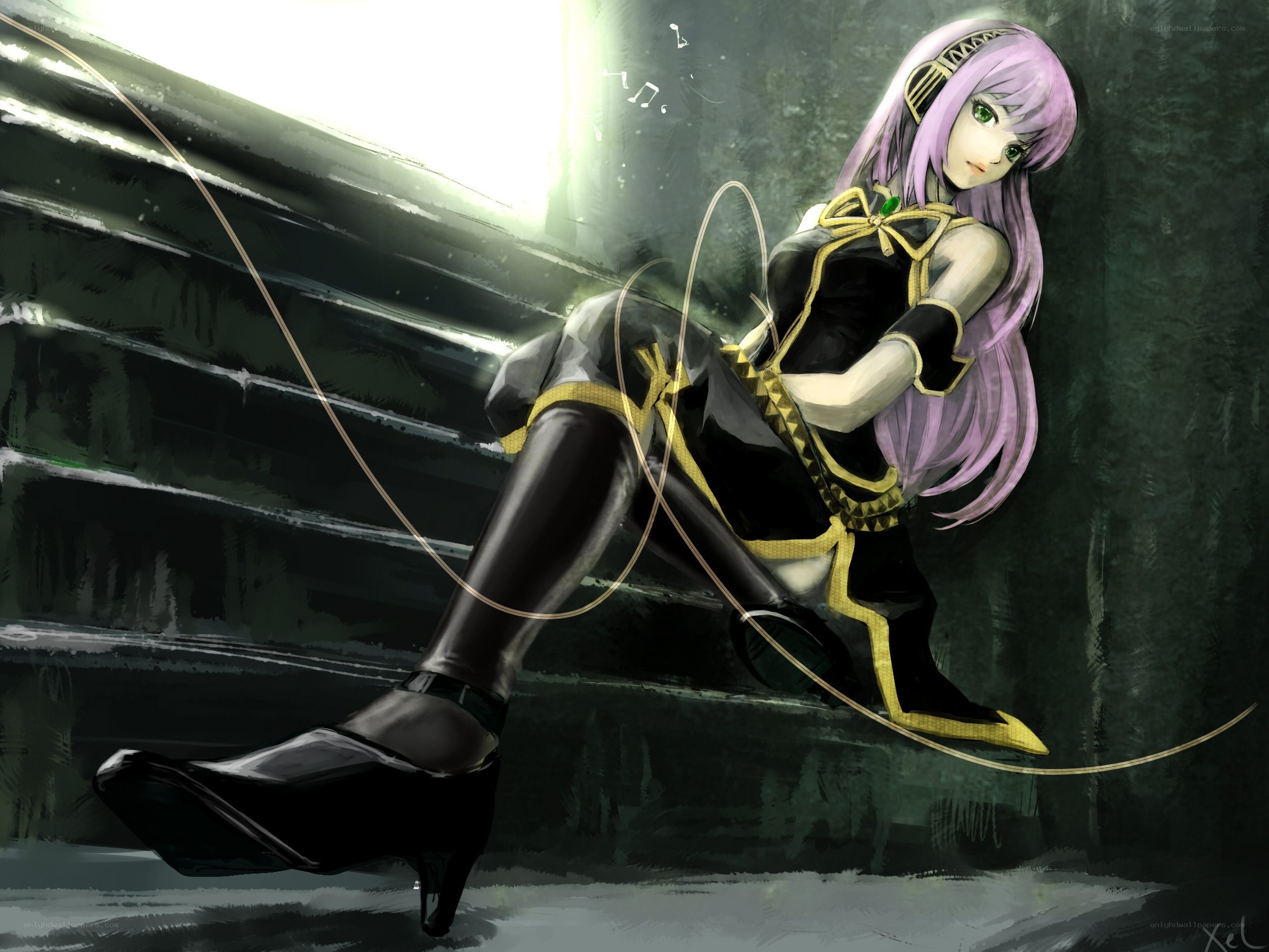 purple-haired anime character sitting