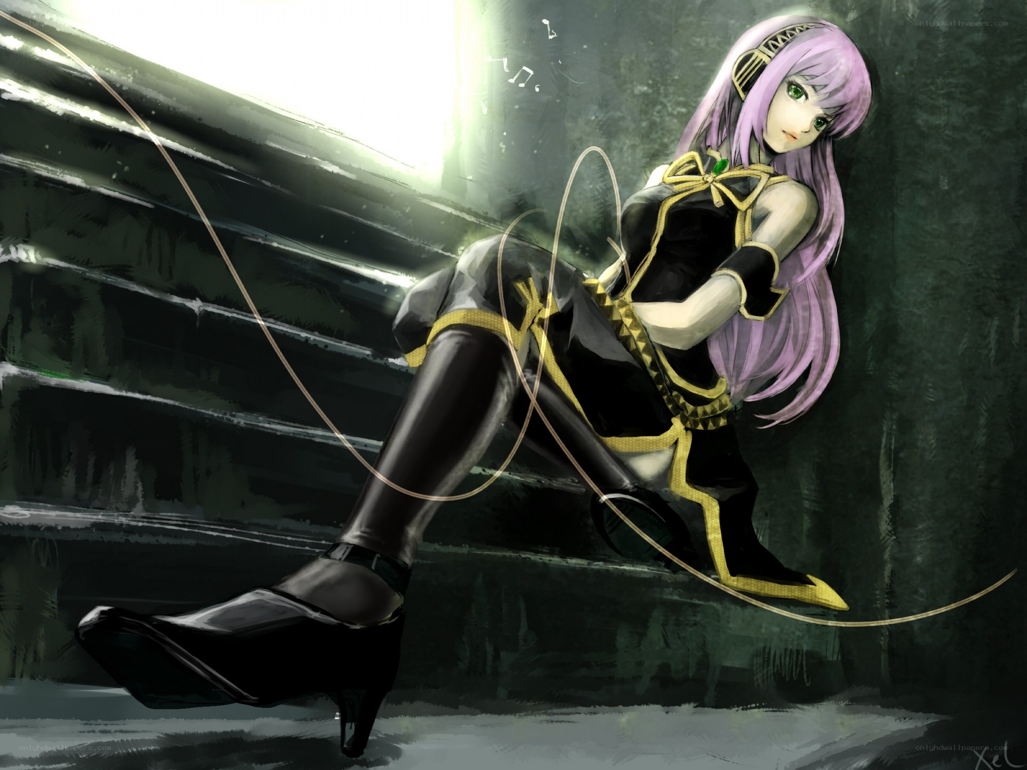 purple-haired anime character sitting
