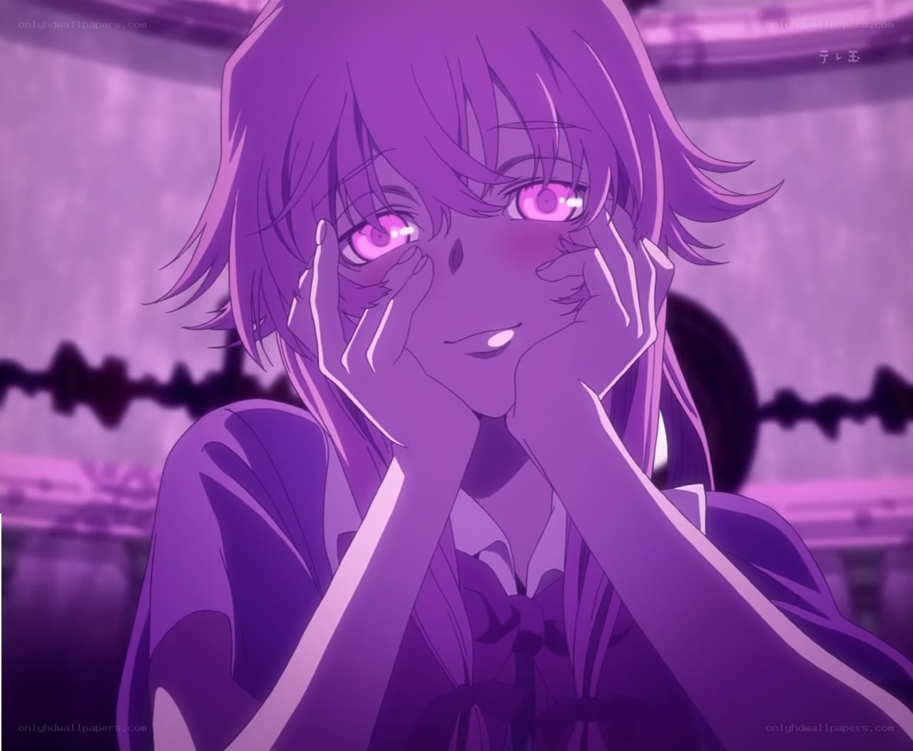 purple-haired anime character smiling