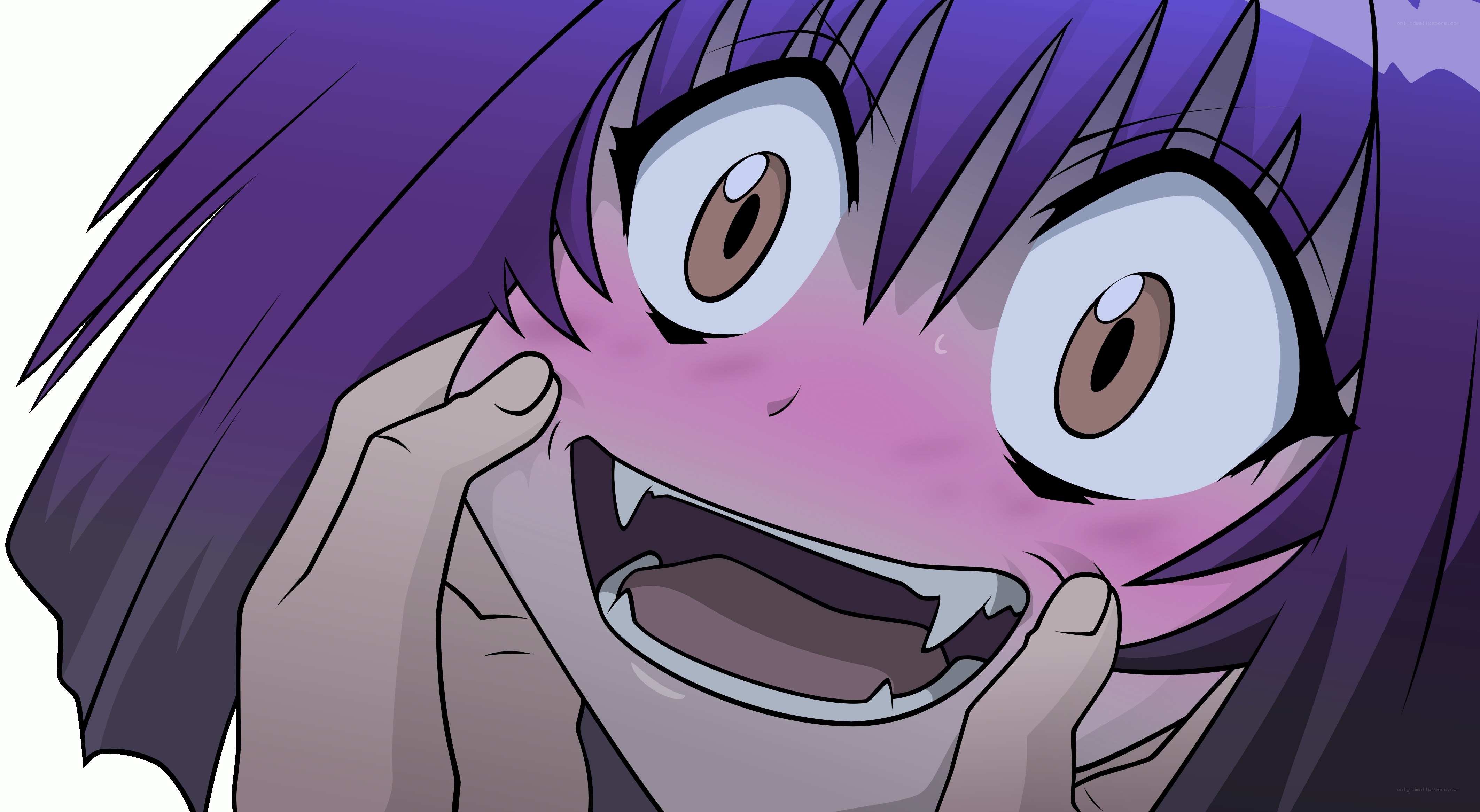 purple-haired anime character smiling