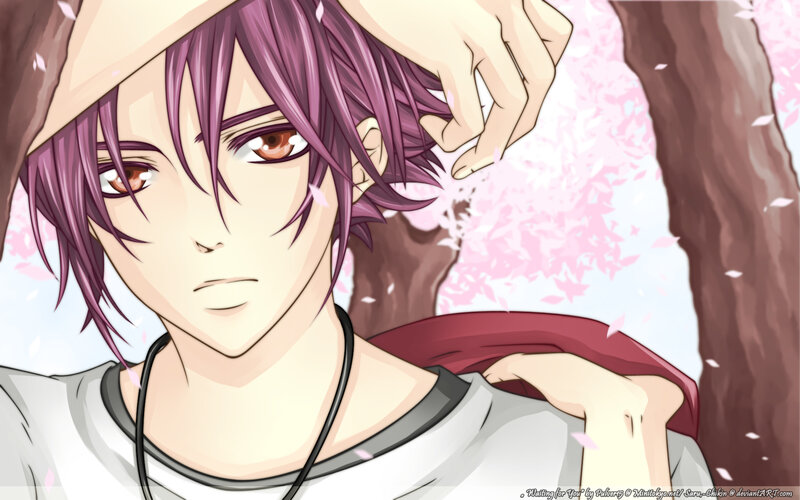 purple-haired anime character under cherry blossoms