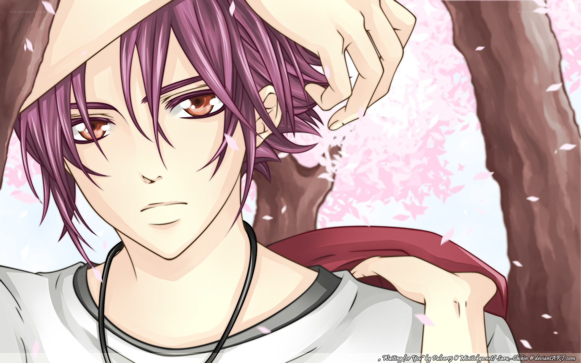 purple-haired anime character under cherry blossoms